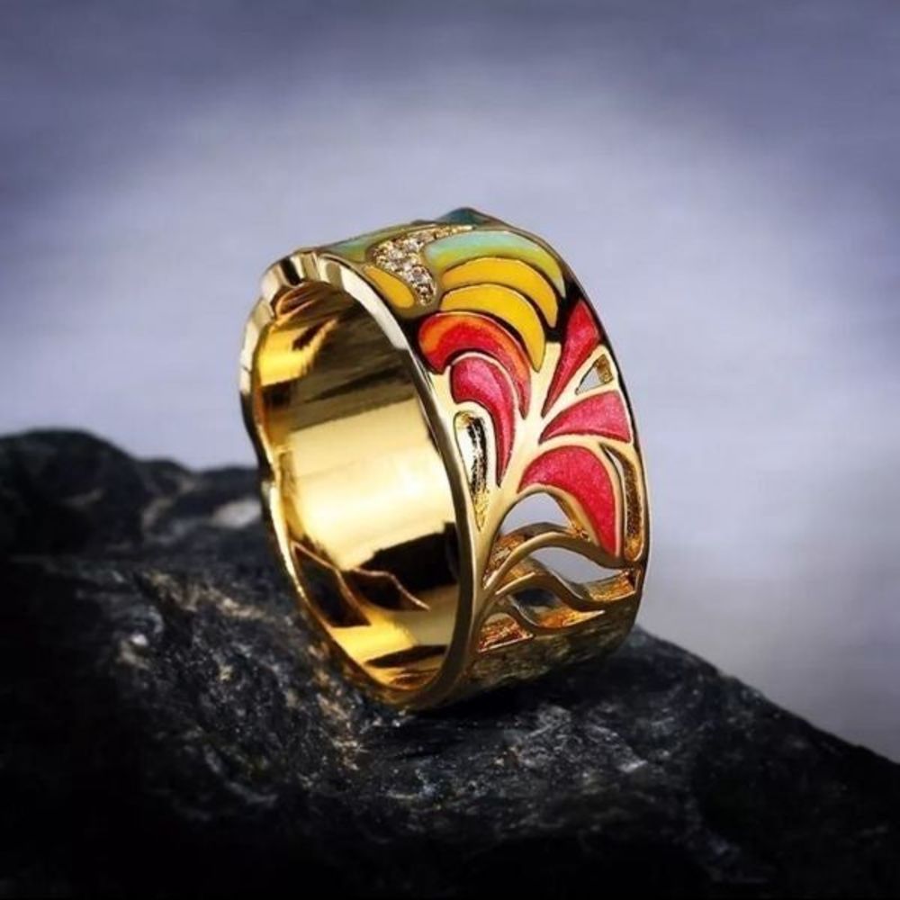 Gold 925 titanium crystal boho artisan enamel colorful design boho ring